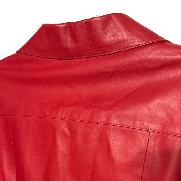 Lafayette 148 New York Lambskin Leather Button‎ Up Shacket Red Women's Size 8 - Picture 9 of 11